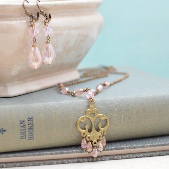 Pink Art Nouveau Necklace and Earrings Set - Picture 2 of 3